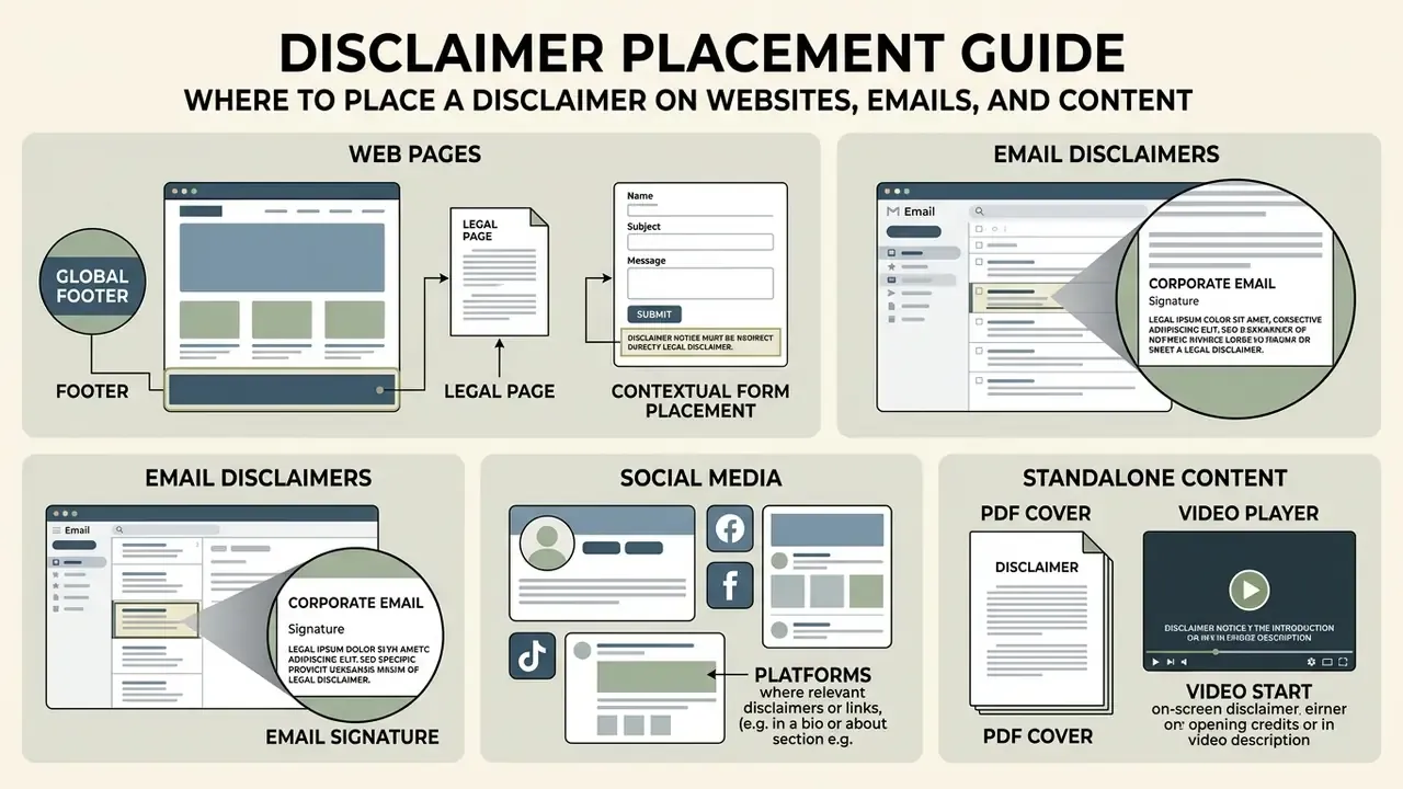 Visual guide showing suggested spots for legal notices across websites, emails, social media, and documents