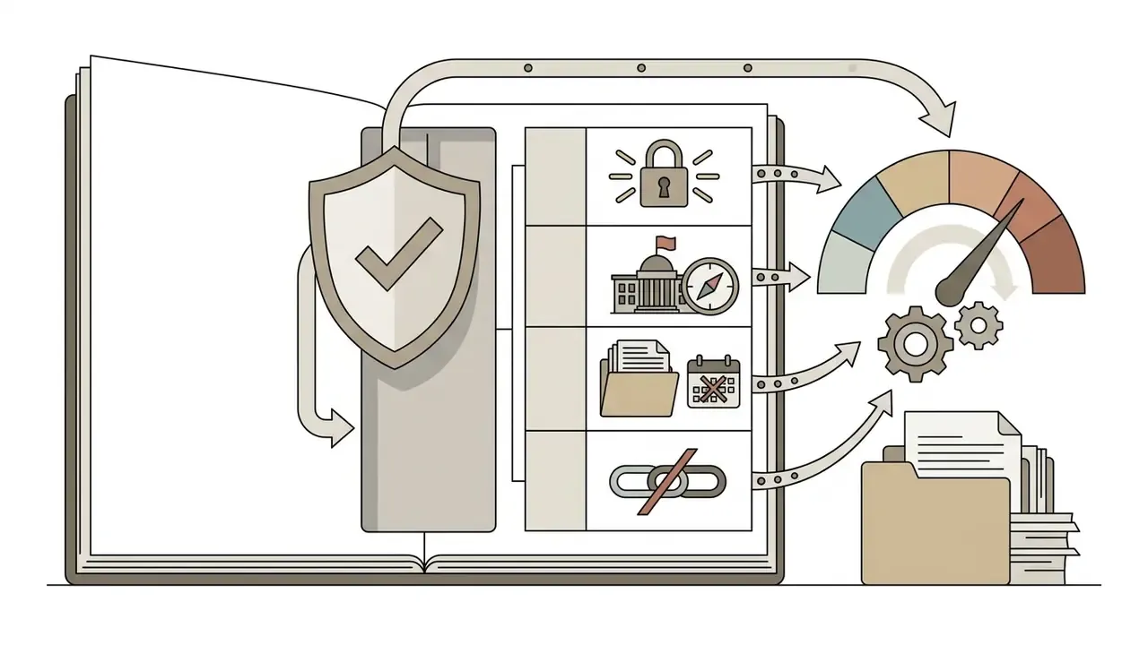 Open book with security shield and icons for data attributes flowing into a gauge and file folders