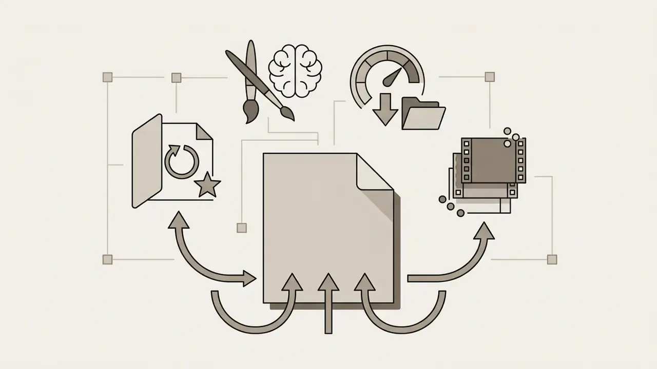 Central document icon receiving data inputs from creative, speed, and video file processing symbols