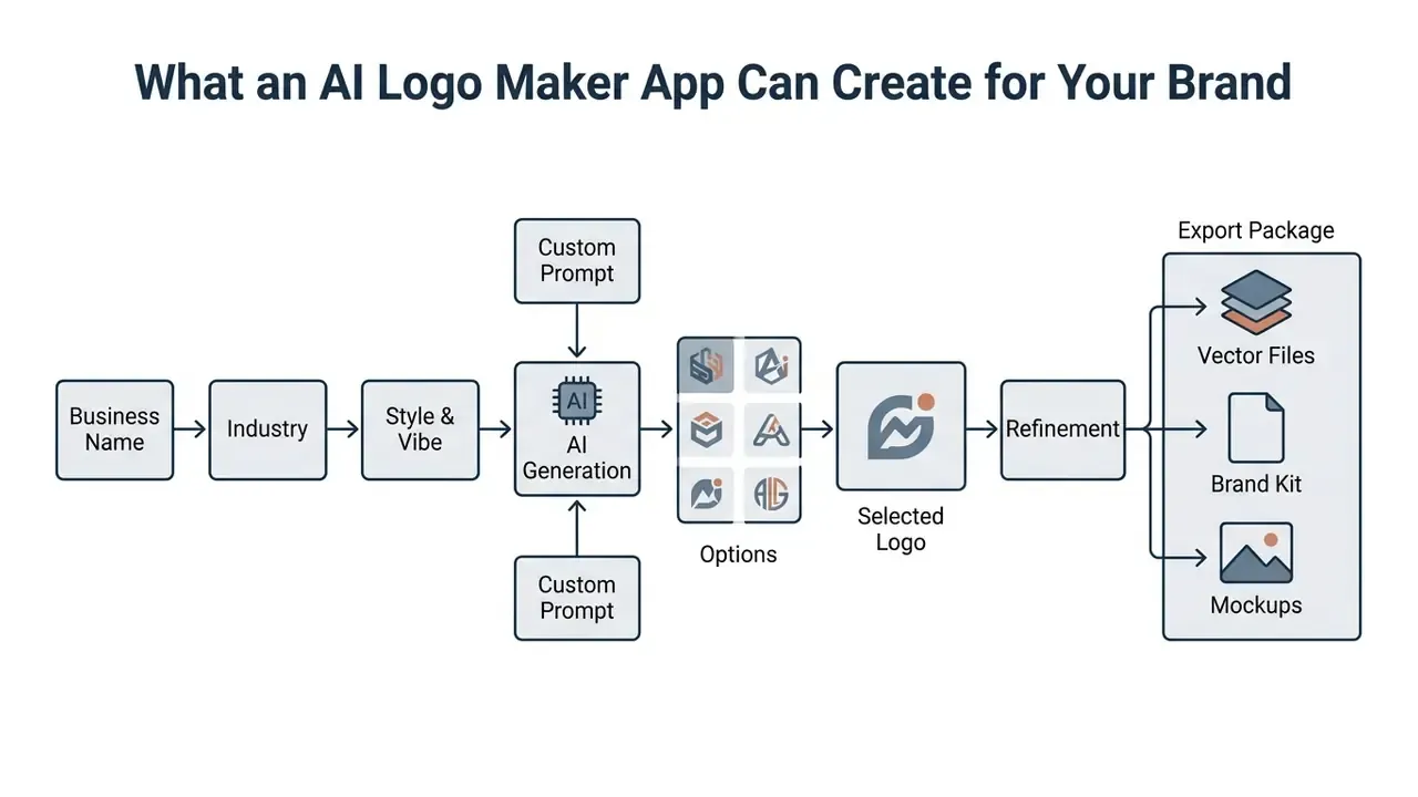 Sequential steps from business name input to AI logo generation and final export package delivery