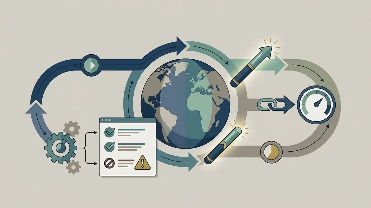 Globe encircled by arrows connecting a task checklist, gear mechanism, and speed gauge for handoffs