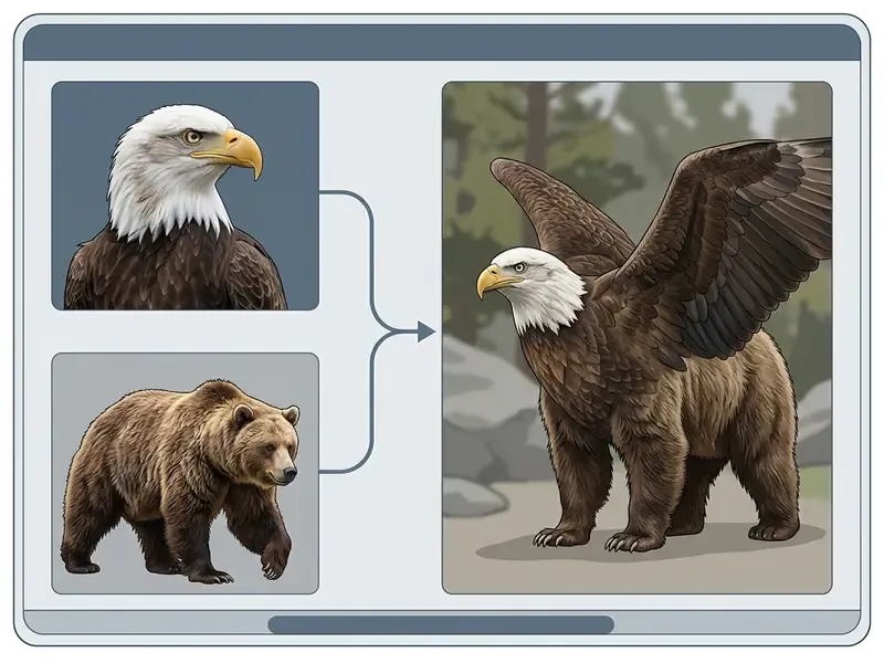 Split screen showing an eagle and a bear merging into a single hybrid creature with wings and fur