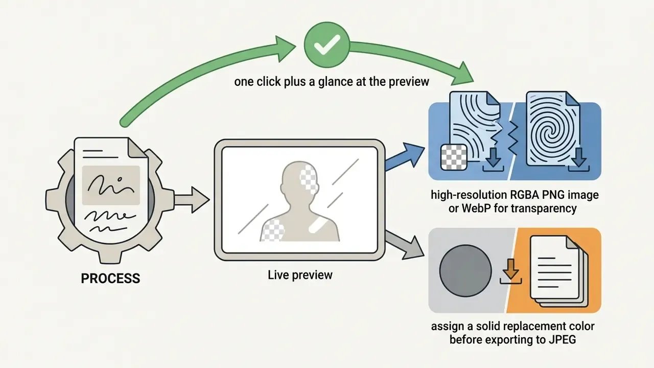 Workflow showing live preview output options for transparent PNG or WebP files and solid background JPEGs