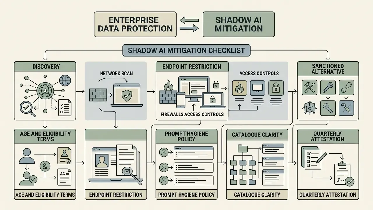 Checklist diagram detailing steps for enterprise data protection and shadow AI mitigation