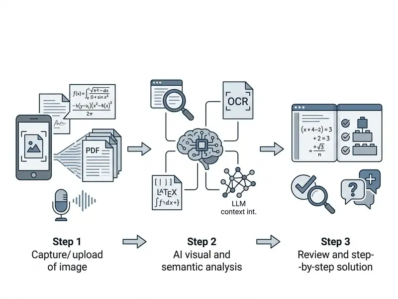 Three-step diagram showing how an AI homework helper processes uploaded images into detailed solutions