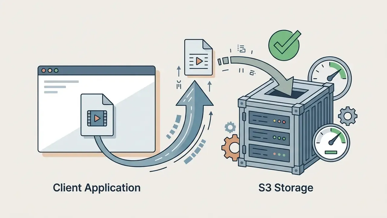 Client application uploading a media file directly into S3 Storage for processing