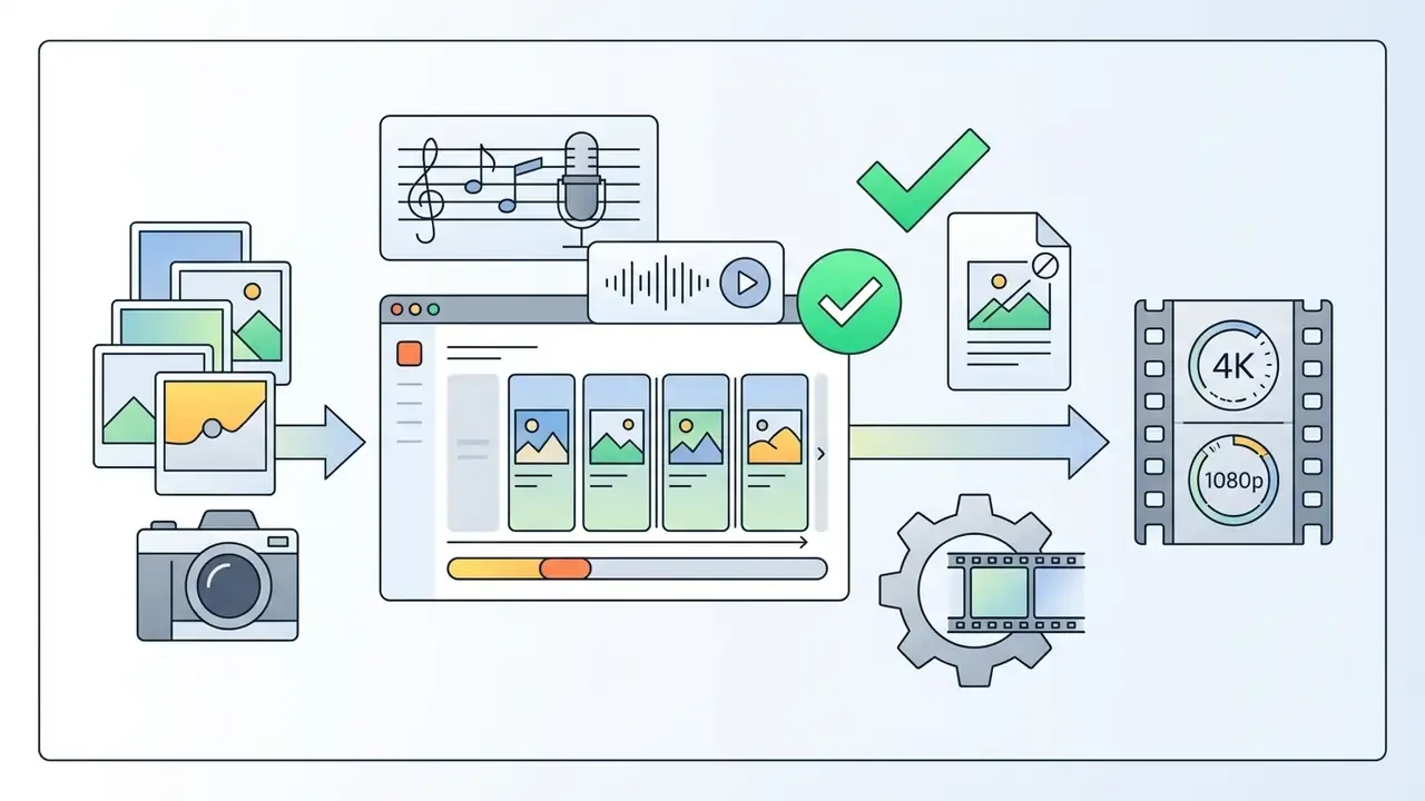 Video editor interface showing photo assets being processed into 4K and 1080p video files without watermarks