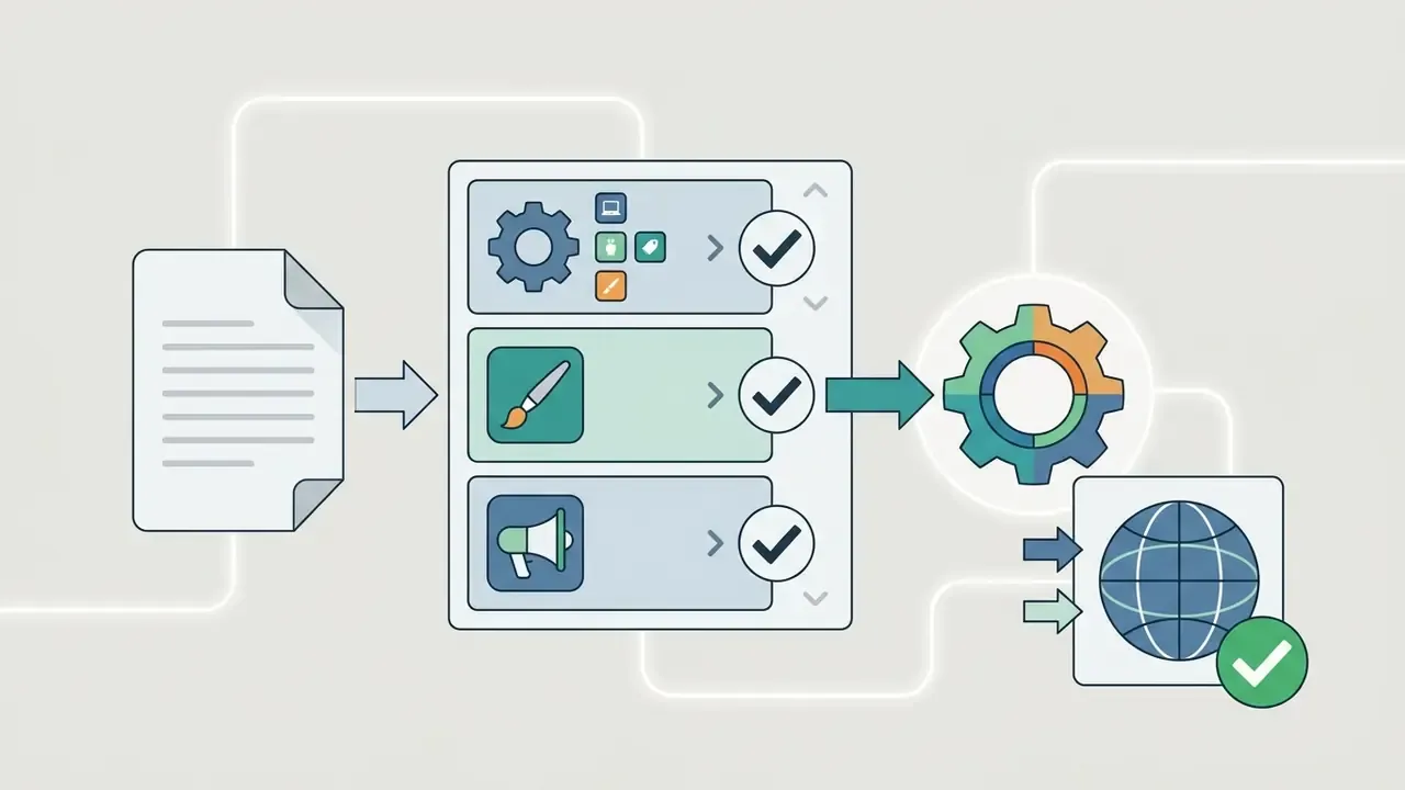 Document icon feeding into a selection menu with category and style icons that lead to a global output