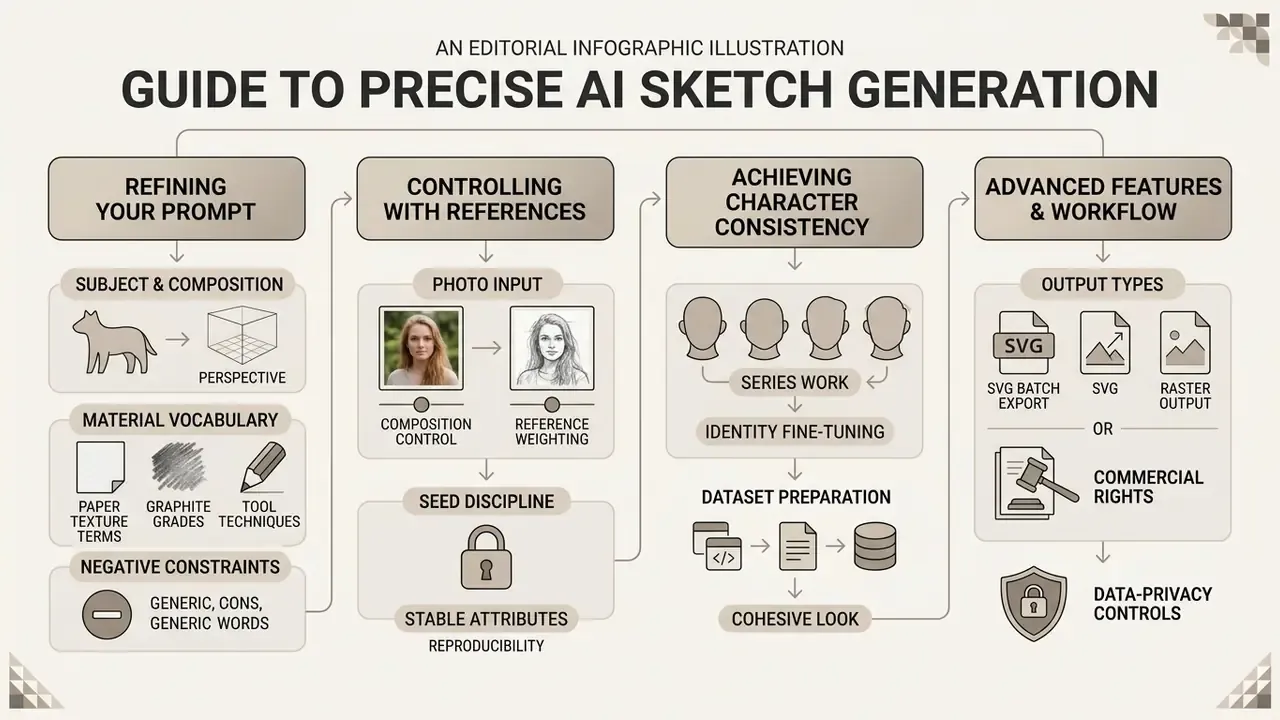 Diagram detailing prompt refinement, reference usage, character consistency, and output workflows