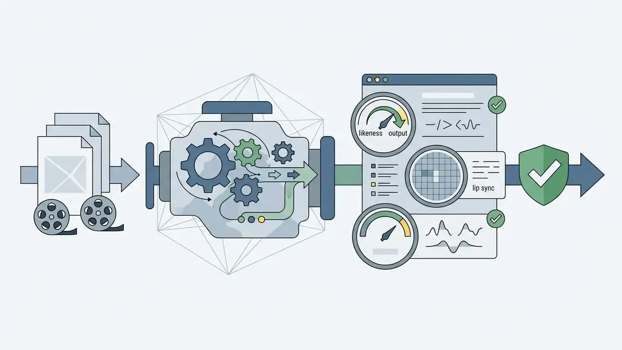 Process diagram showing media files feeding into an engine for model training, testing, and final validation