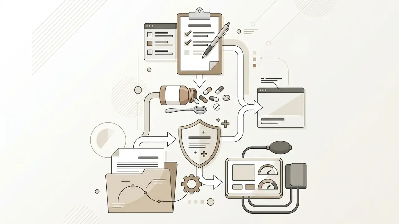 Icons of a clipboard, medication, medical folder, and blood pressure monitor connected by arrows