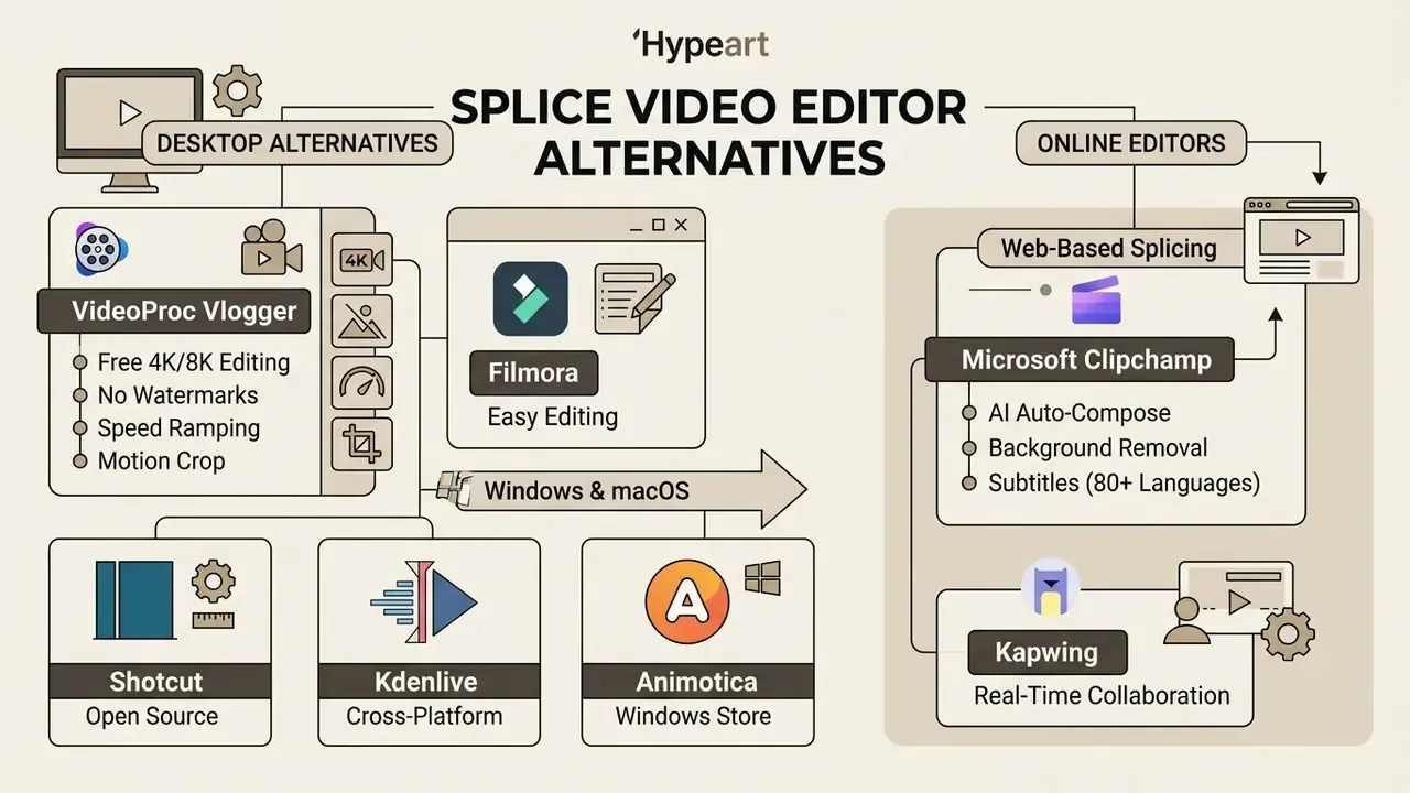 Infographic mapping various desktop and web-based software options for professional video production