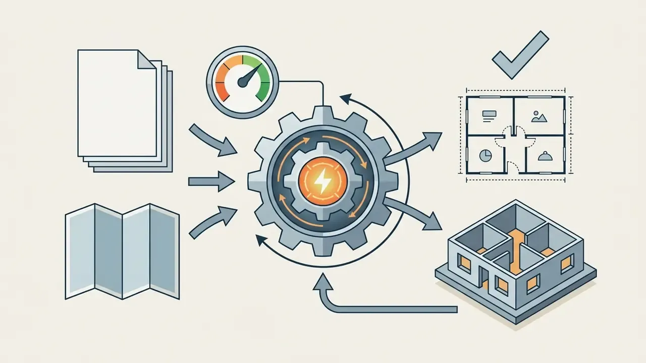 Documents and sketches feeding into a central gear mechanism to produce 2D plans and 3D models