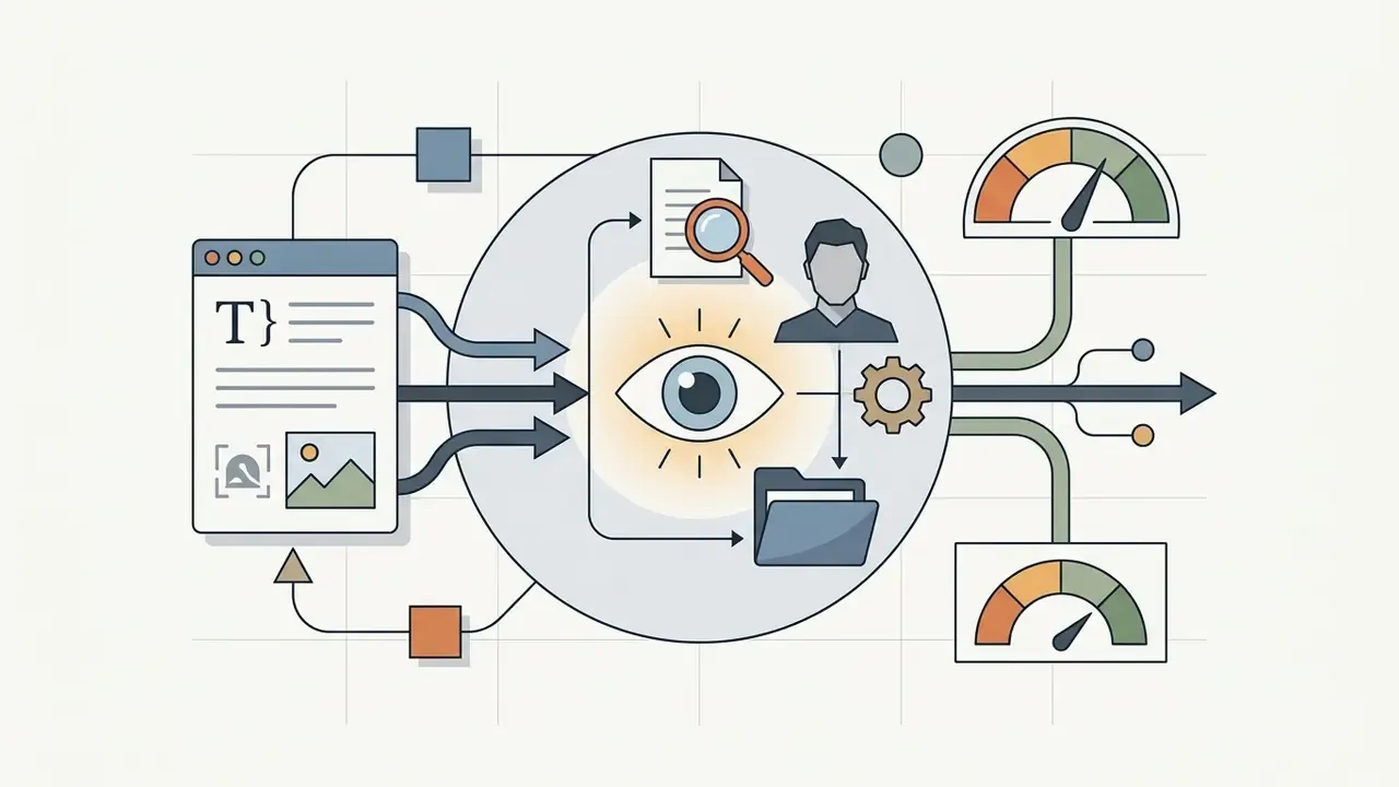 Conceptual diagram showing text and image inputs processed through an eye icon to generate output metrics