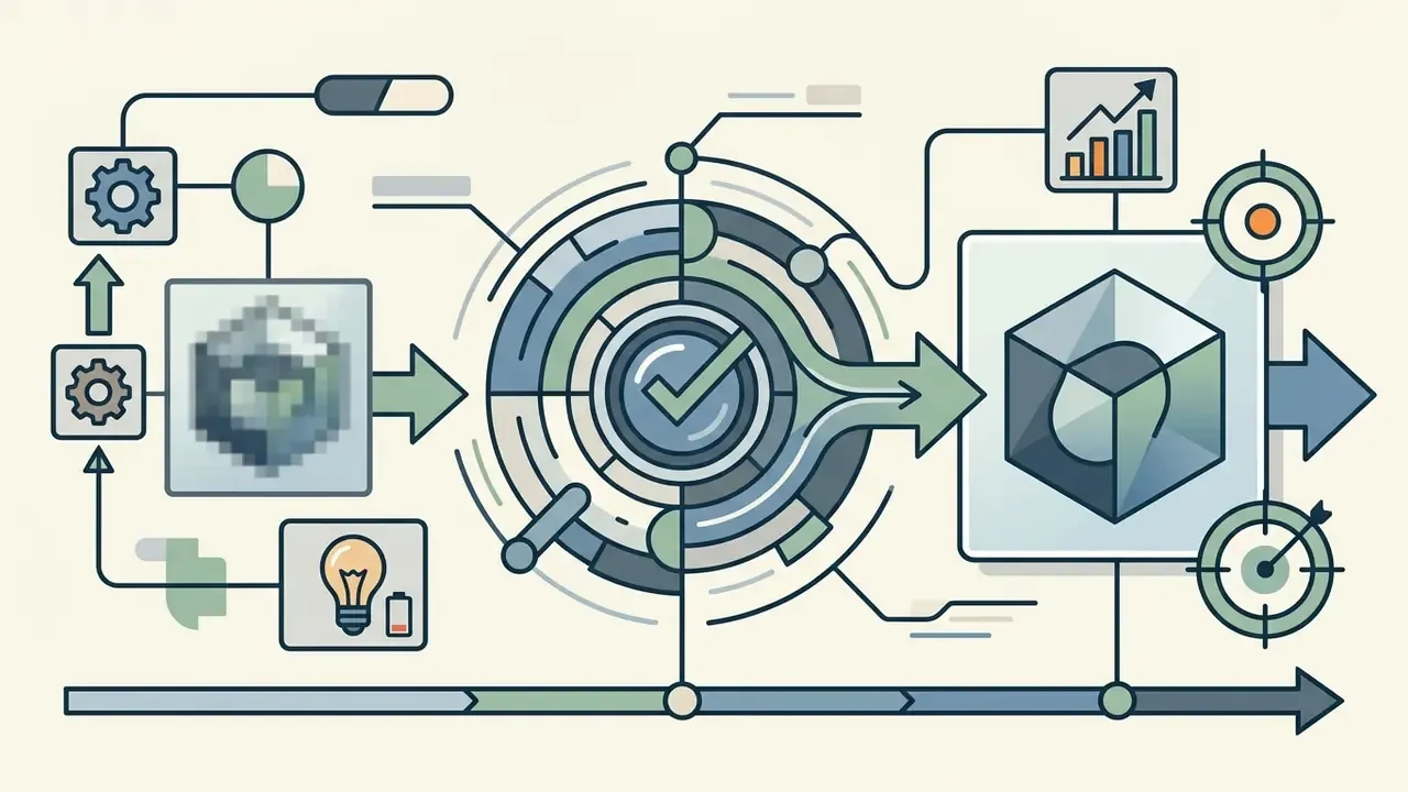 Flowchart showing a pixelated cube being processed through a central circular hub into a sharp 3D cube