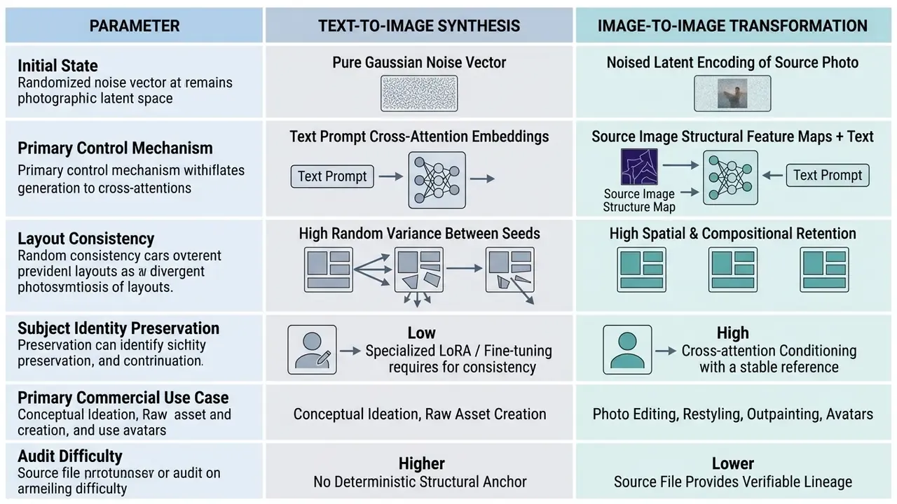 Comparison table contrasting text-to-image synthesis with image-to-image transformation parameters
