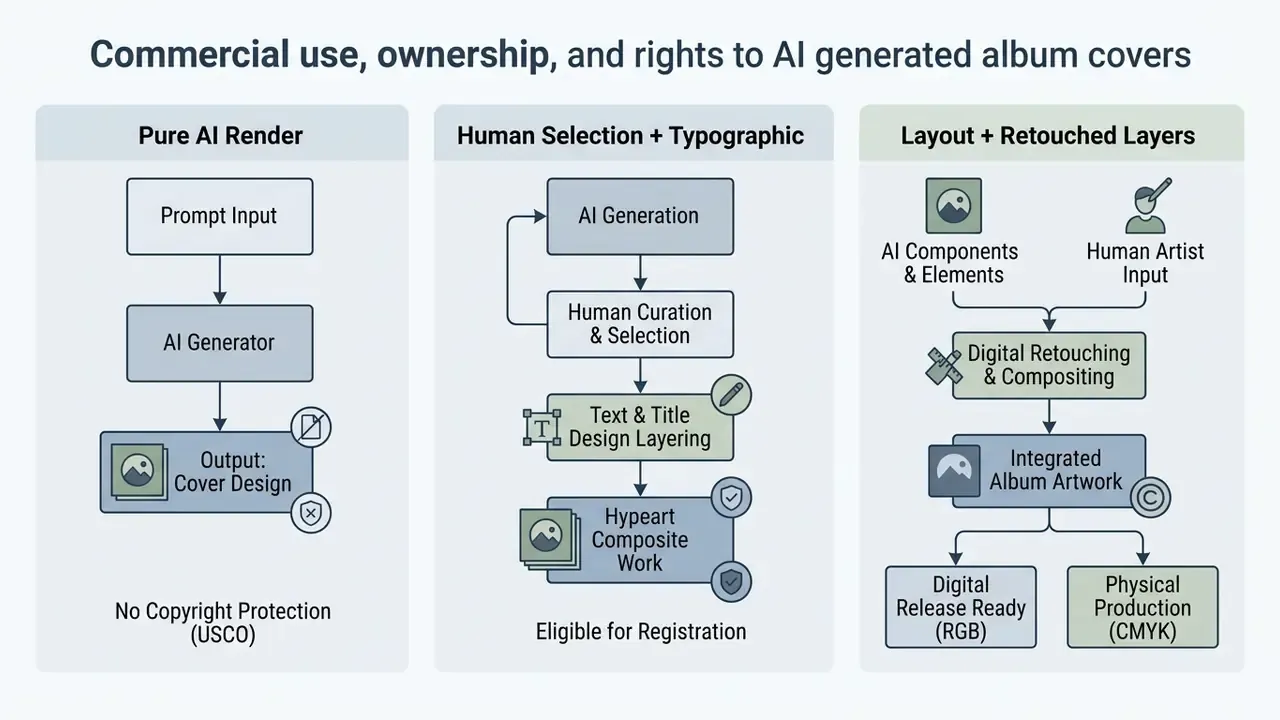 Three workflows comparing copyright eligibility levels for AI generated music artwork production