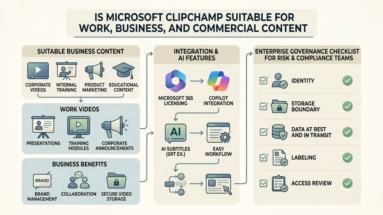 Infographic outlining business use cases, AI integration features, and enterprise compliance checklists