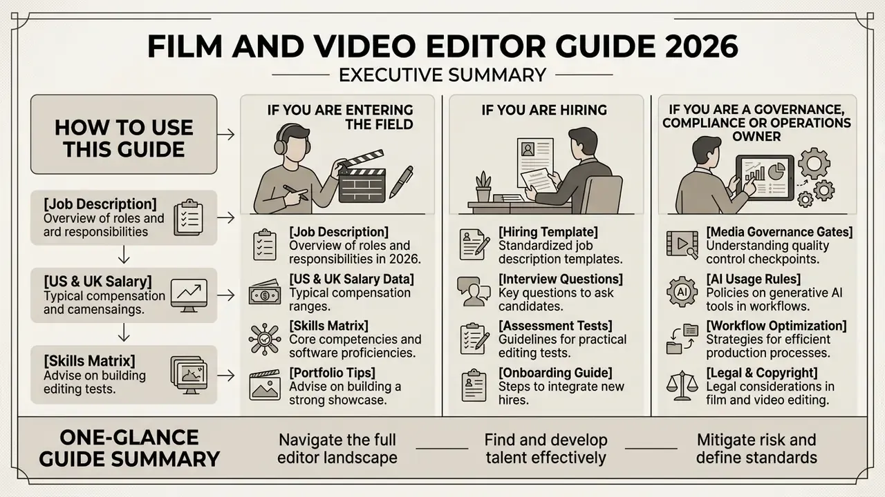Infographic outlining career, hiring, and governance resources for the film and video editor guide 2026
