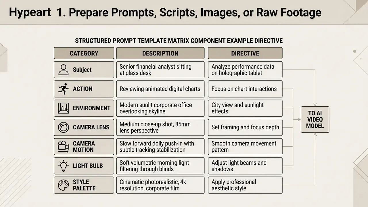 Structured prompt template matrix detailing categories and directives for an AI video model