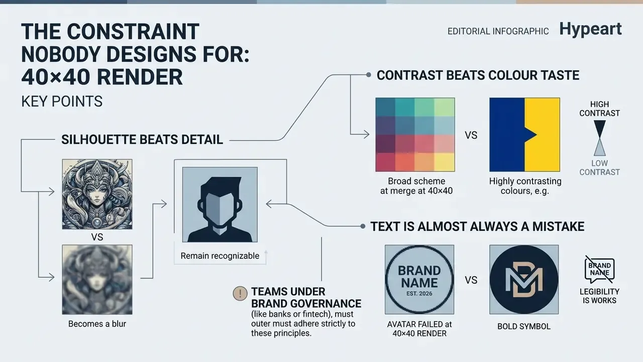 Infographic showing how silhouette, contrast, and symbols improve small YouTube pfp design clarity