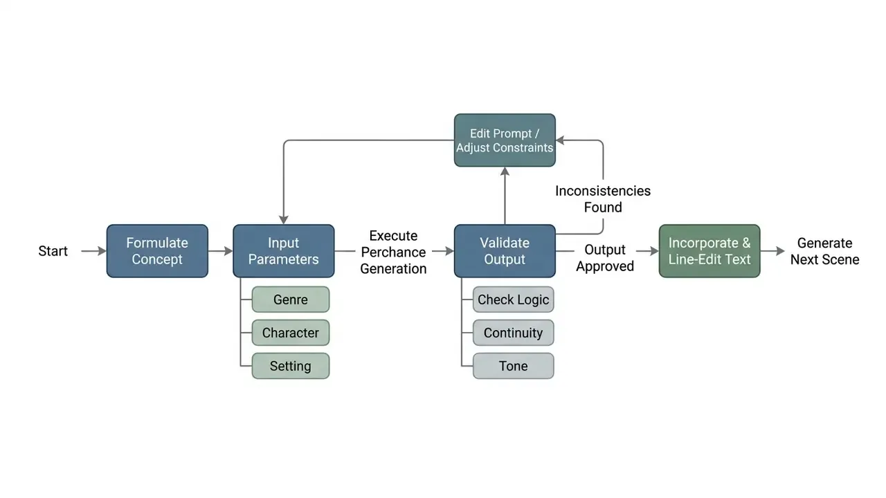 Diagram showing the iterative feedback loop for refining stories using the Perchance AI story generator