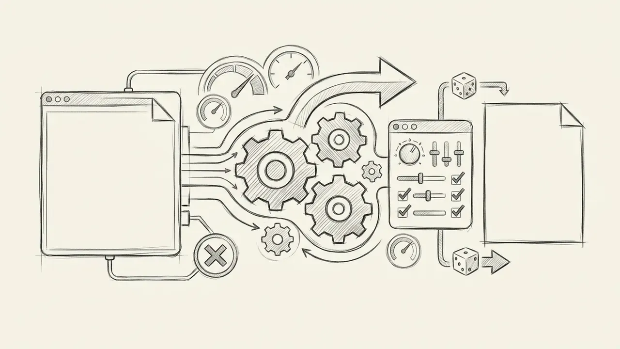 Graphite sketch of a digital workflow with gears, gauges, and sliders connecting files to output