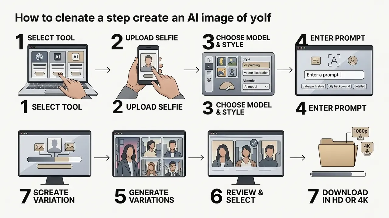 Sequential steps for generating AI portraits from selecting a tool to downloading the final image