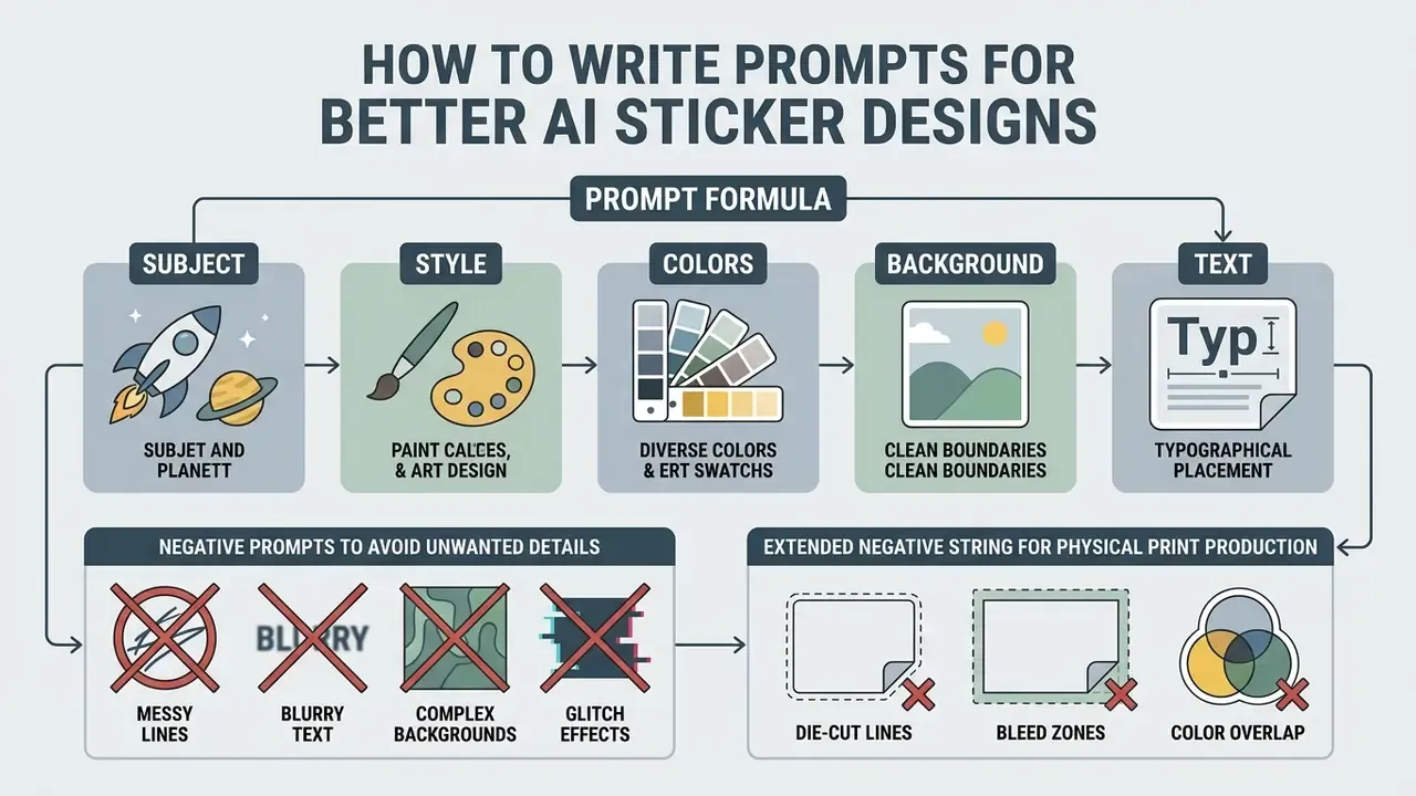 Diagram detailing a prompt formula for AI sticker designs including subject, style, colors, and text