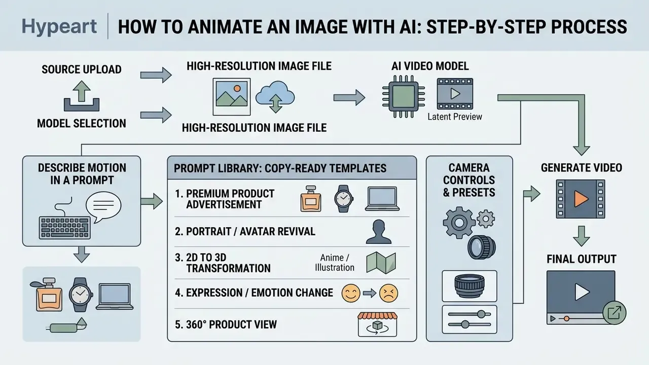 Flowchart detailing the animate image AI workflow from source upload and prompt selection to final video