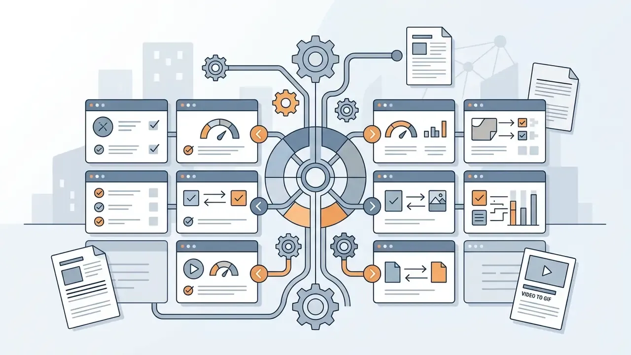Central gear hub connecting multiple browser windows displaying data metrics and conversion processes