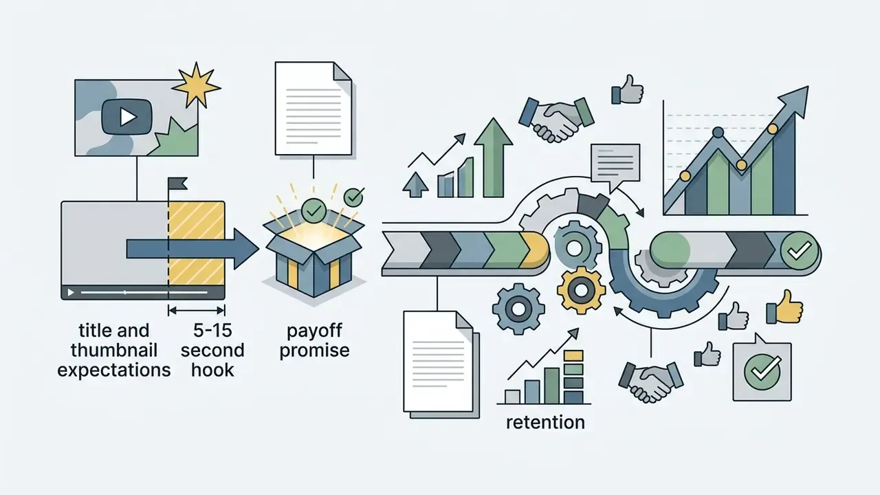 Video timeline transitioning from a hook into a gear system that generates growth and audience retention