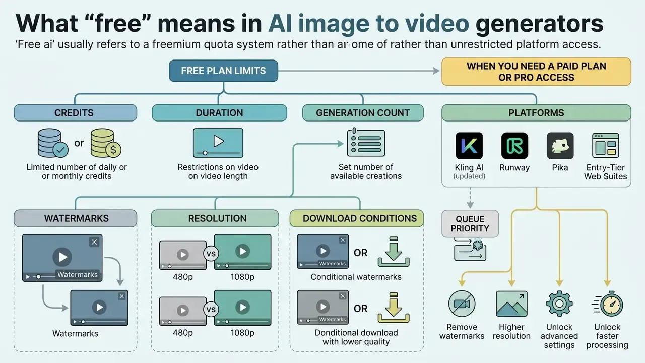 Diagram detailing freemium restrictions like credits, watermarks, and resolution for video generation tools