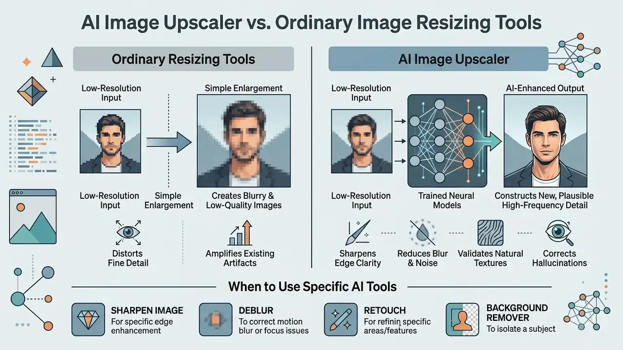 Comparison of traditional resizing versus AI upscaling to show how to make an image higher resolution