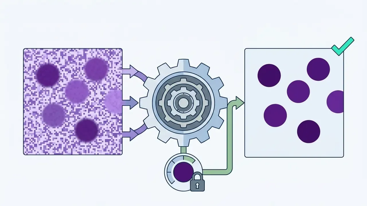 Noisy purple circles passing through a gear mechanism to emerge as clean shapes with a locked color setting