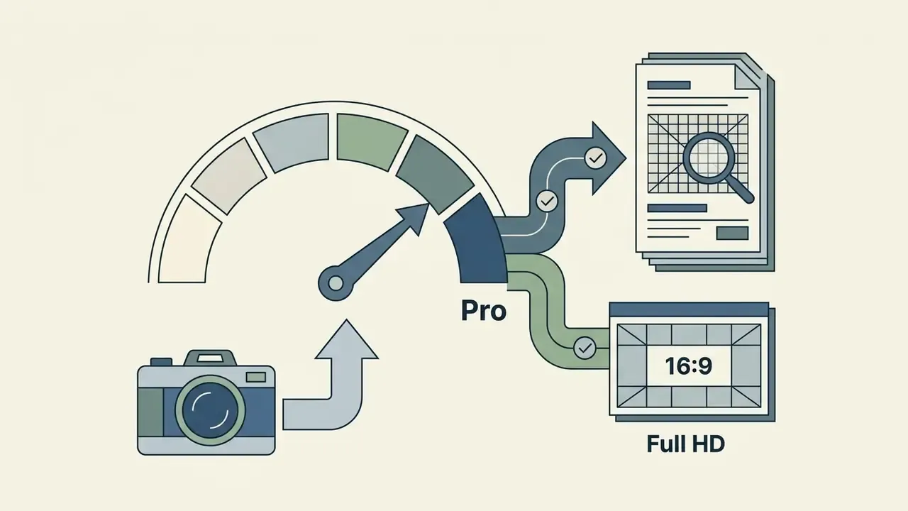 Speedometer gauge pointing to Pro level with paths leading to high resolution documents and Full HD images