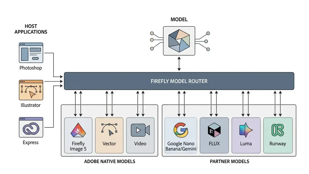 Flowchart showing host applications connecting to a router that links to native and partner AI models