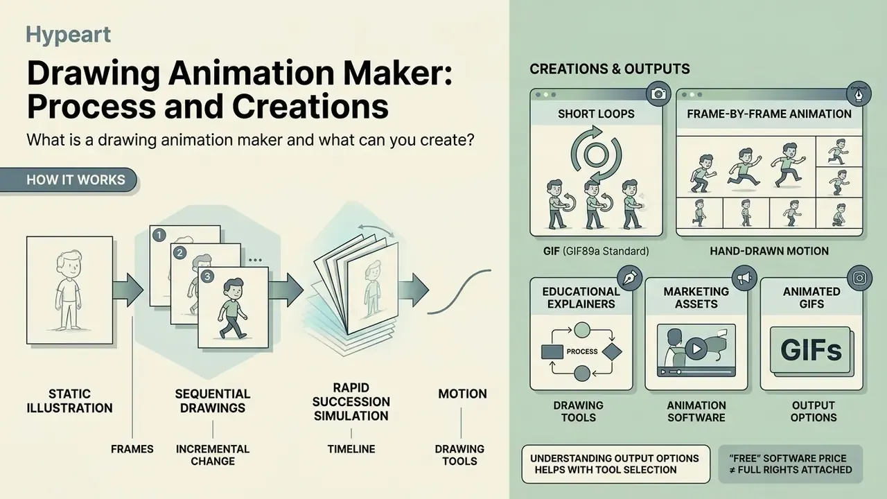 Infographic showing how sequential drawings create motion and various types of animation outputs