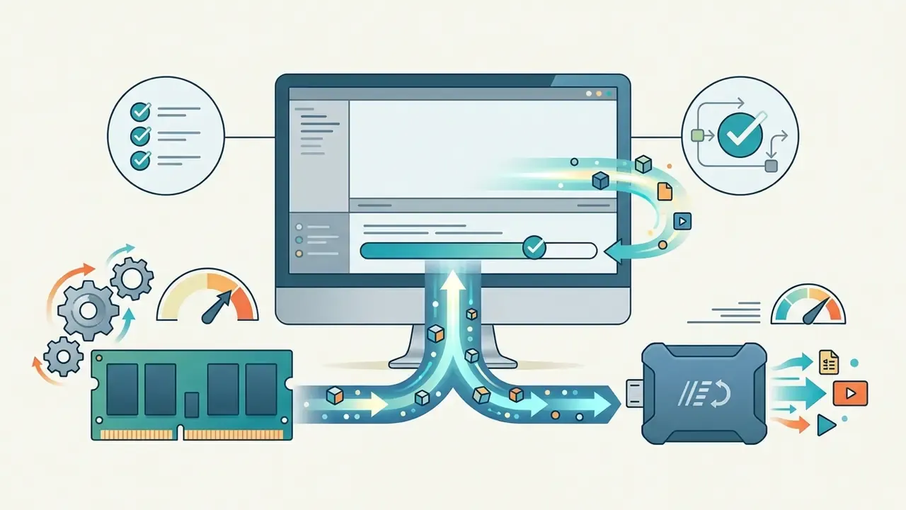 Computer monitor connected to RAM and external storage icons to illustrate data flow for video editing