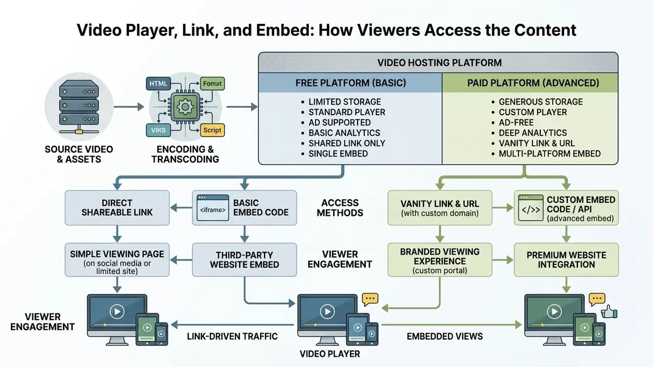 Schematic comparing free and paid platform features for sharing and embedding video content