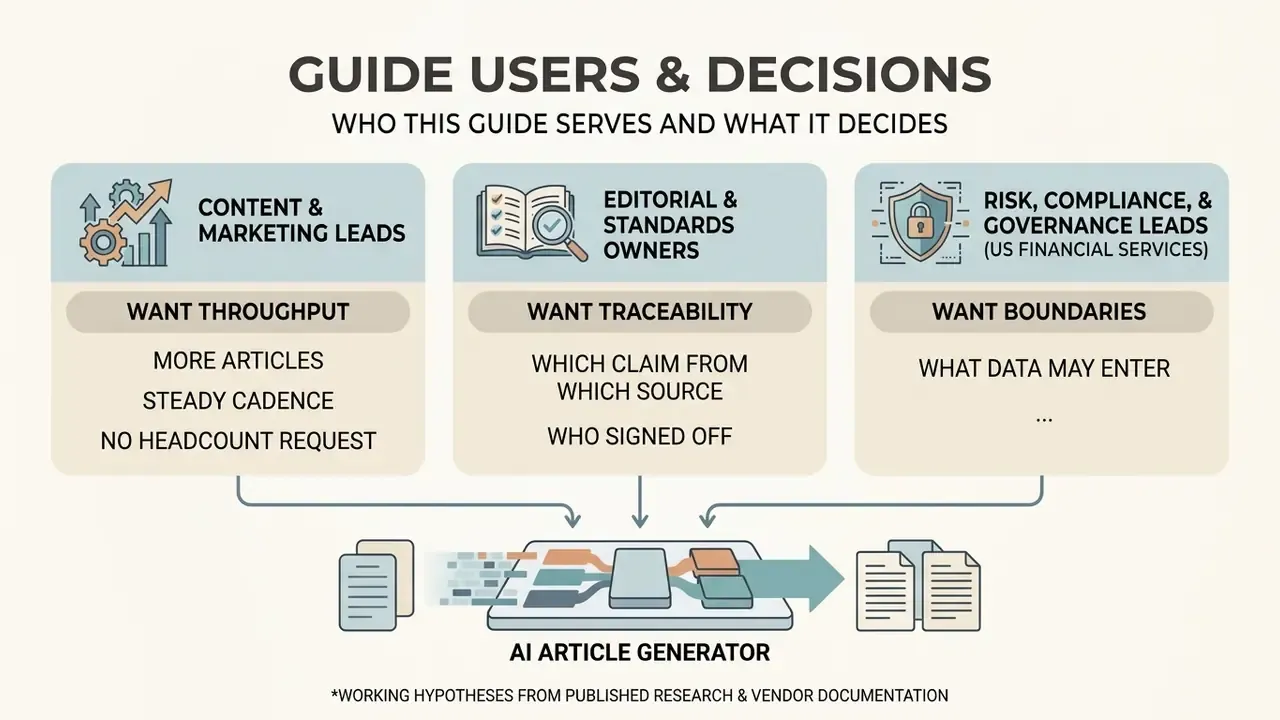 Three professional roles and their specific goals for using an AI article generator tool