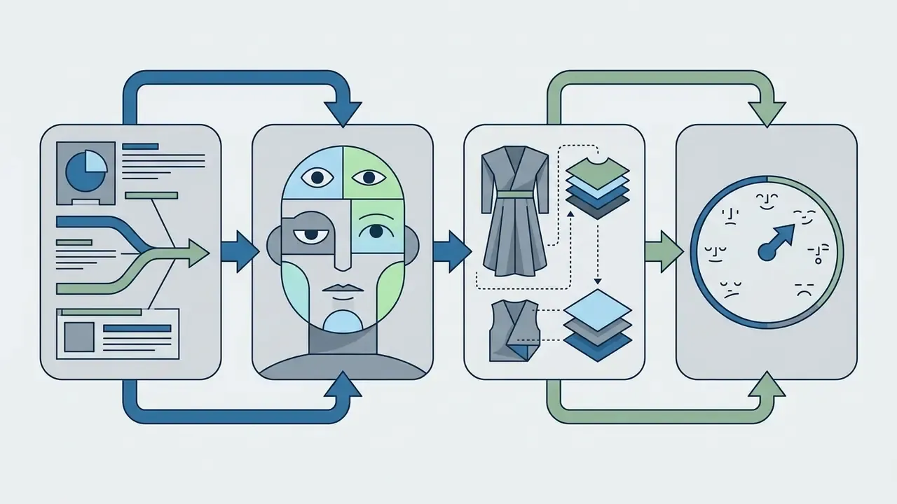 Four-step process showing data input, character face design, outfit layering, and emotional expression