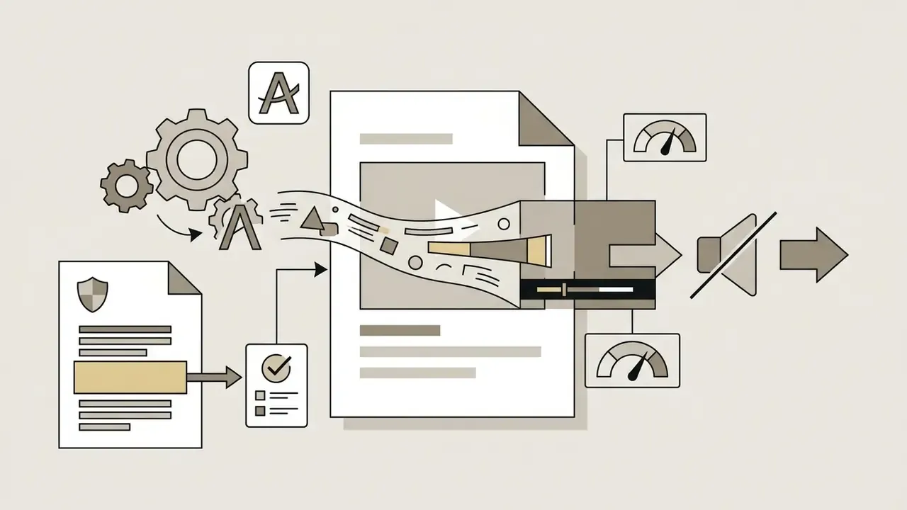Document processing flow with gears and text icons leading to a muted video output with performance gauges