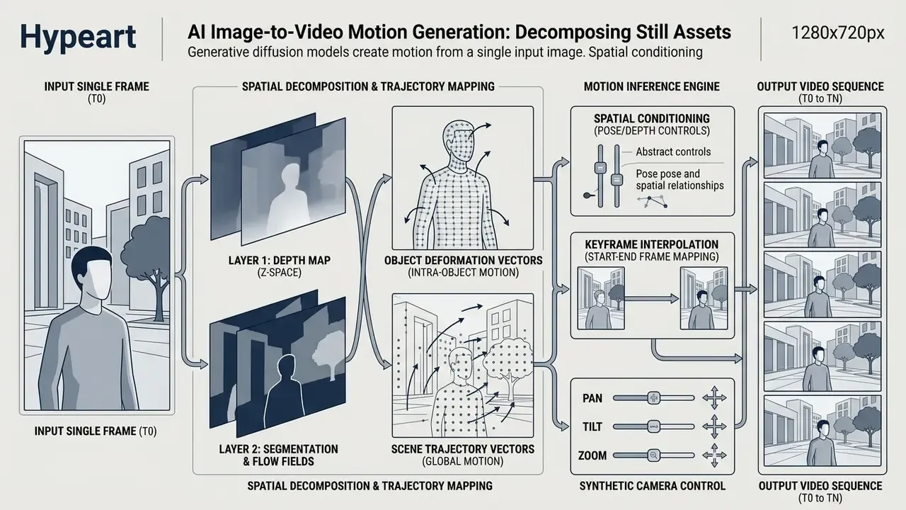 Diagram showing depth layers, motion trajectory vectors, and camera controls for generating video frames