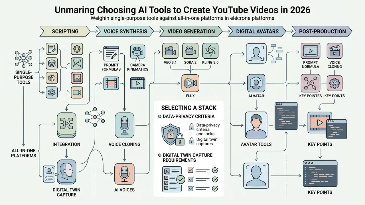 Comparison chart of AI tools for creating YouTube videos across five functional production stages