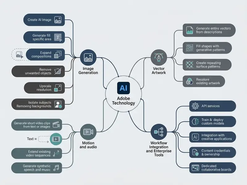 Mind map showing Adobe Firefly AI art technology features for images, vectors, motion, and enterprise tools