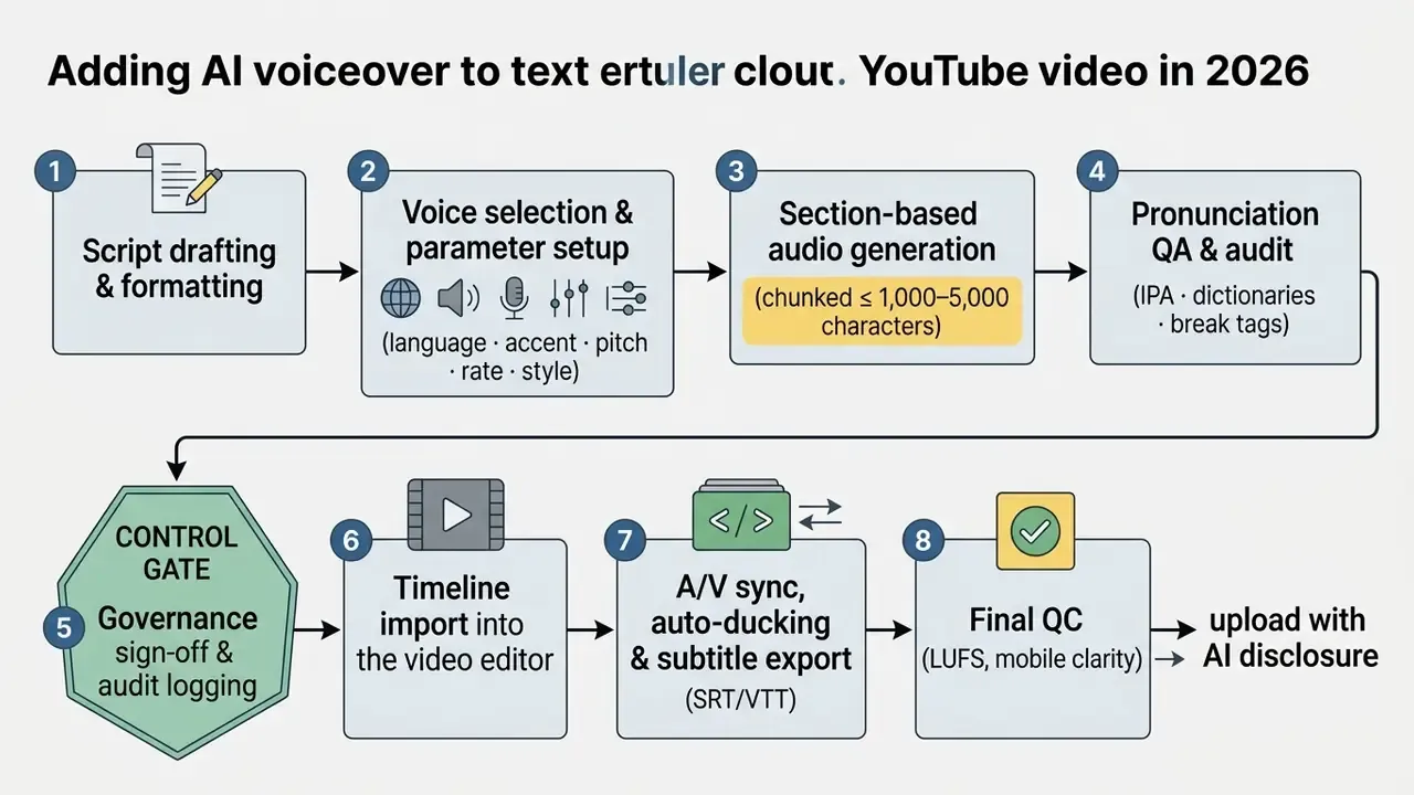 Numbered workflow diagram showing eight steps to add AI voiceover to a YouTube video