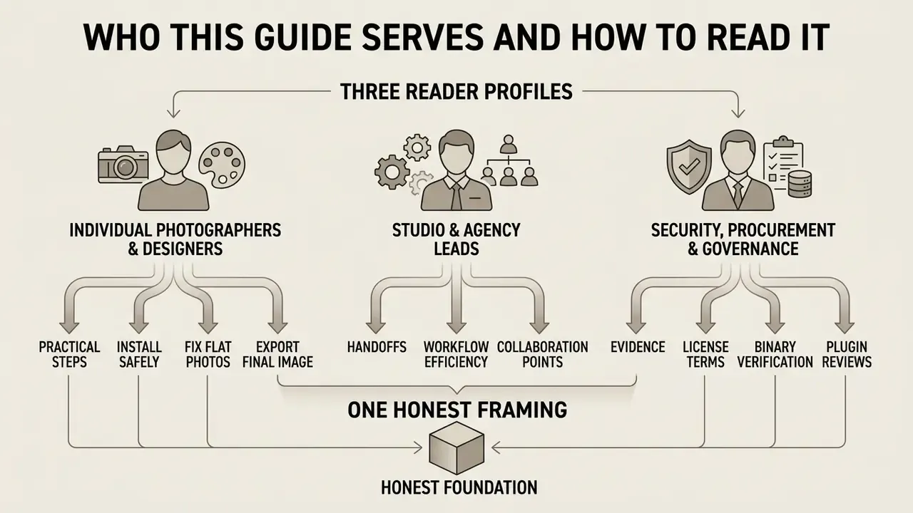 Diagram showing three user profiles and their specific needs for navigating the GIMP photo editor guide