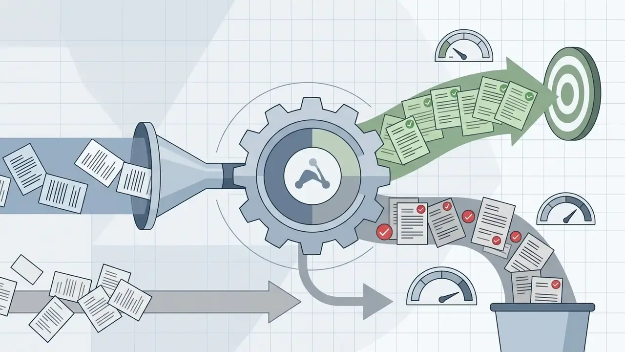 Papers entering a gear mechanism to be sorted into categorized streams with performance gauges and targets