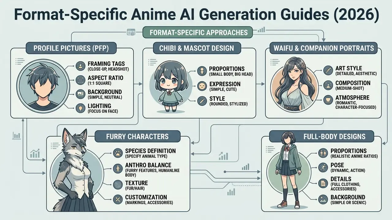 Diagram detailing prompt strategies for PFP, chibi, waifu, furry, and full-body character styles